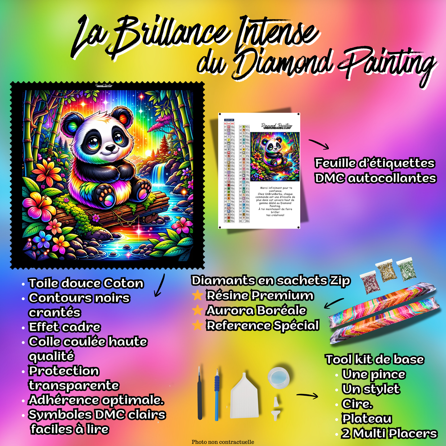 Kit complet du Diamond Painting Panda Arc-en-Ciel de la Vallée Enchantée 80x80 cm avec accessoires