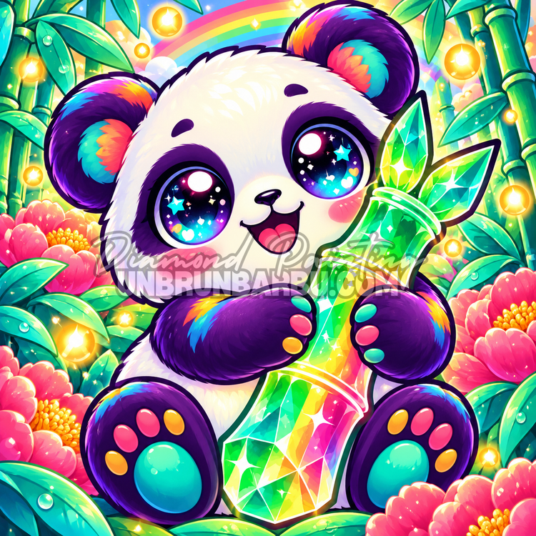 Diamond Painting Panda Bambou de Cristal 60x60 cm en 100 pourcent Cristaux avec pivoines, bambouseraie et arc en ciel