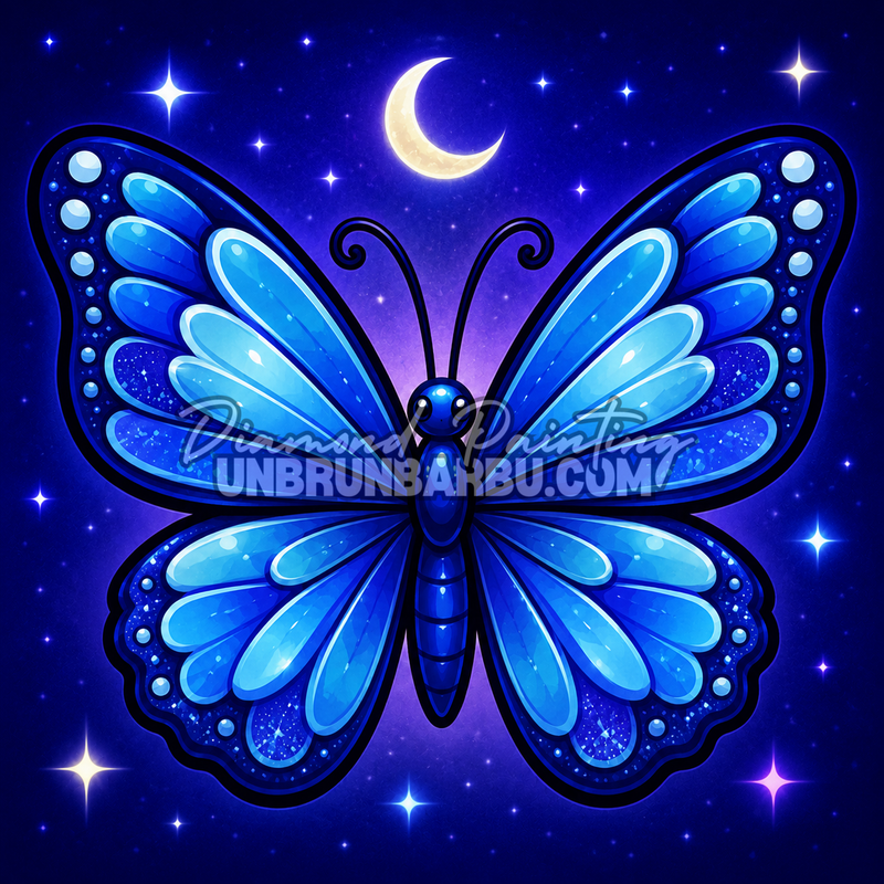 diamond painting papillon bleu clair de minuit 40x40 ambiance nocturne