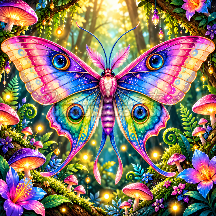 Diamond Painting Papillon de Nuit aux Mille Couleurs 80x80 cm avec ailes arc-en-ciel et champignons lumineux
