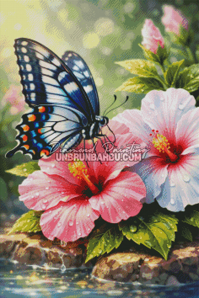 rendu diamond painting papillon sur fleurs effet brillan