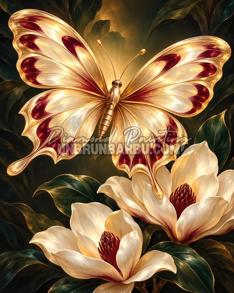 Diamond Painting Papillon Nacré aux Magnolias 60x75 cm : papillon doré et nacré aux ailes bordeaux, fleurs de magnolia crème et feuillage vert profond