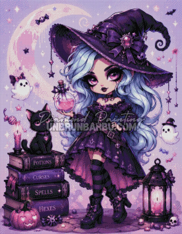 Rendu diamanté du Diamond Painting Petite Sorcière aux Potions 70x90 cm avec chat noir et lune rose