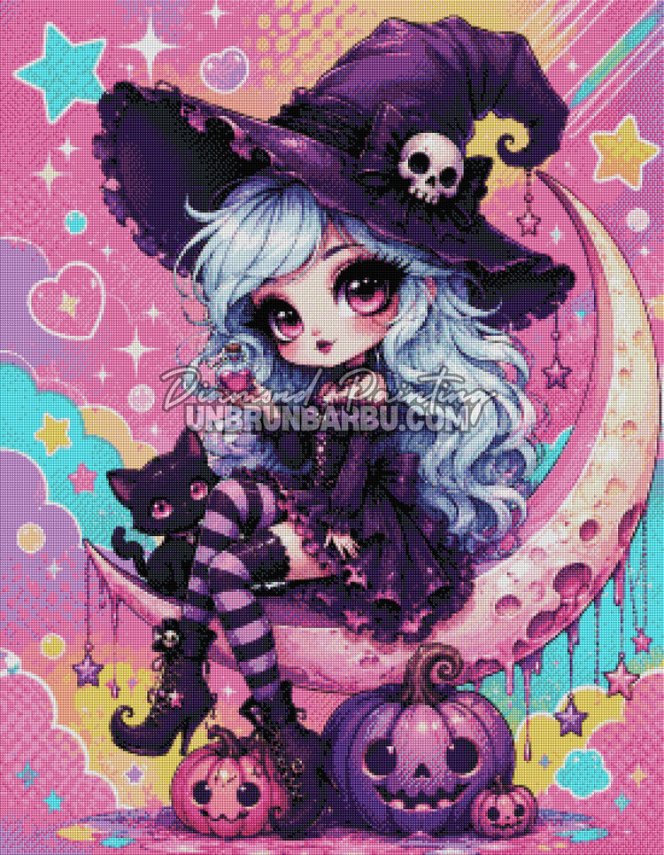 Layout Diamond Painting Petite Sorcière Lunaire 70x90 cm avec aperçu diamanté de la sorcière kawaii, du chat noir et des citrouilles
