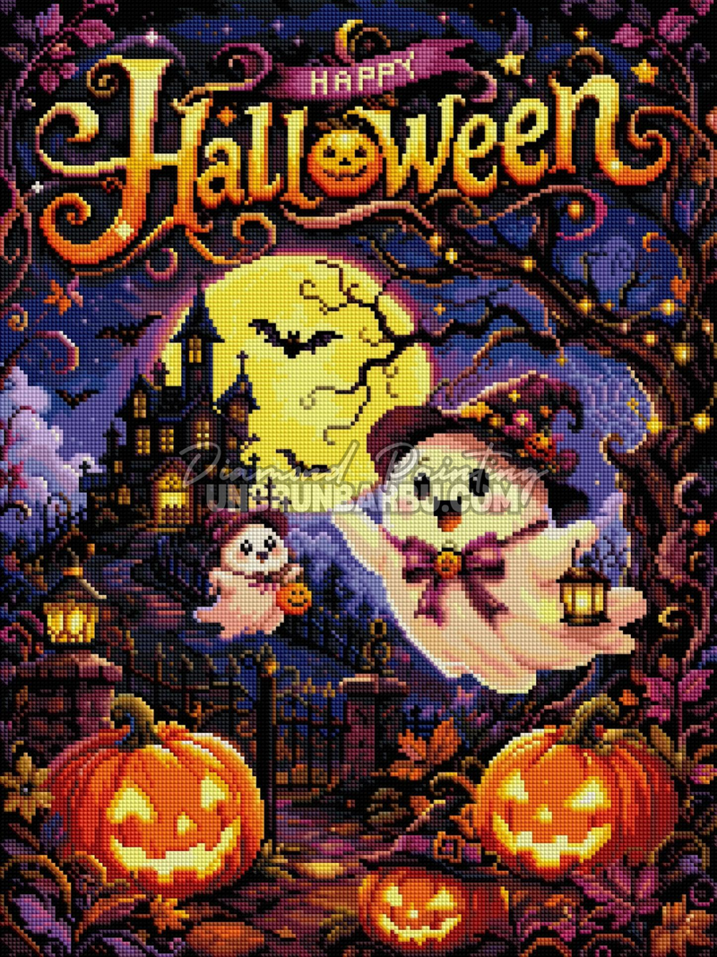 Rendu diamanté du Diamond Painting Petits Fantômes au Château Hanté 45x60 cm avec fantômes kawaii et citrouilles