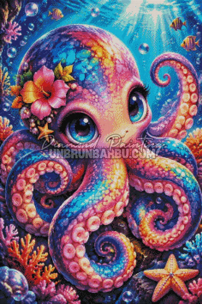 Rendu diamanté du Diamond Painting Pieuvre du Jardin de Corail 60x90 cm avec tentacules et coraux colorés