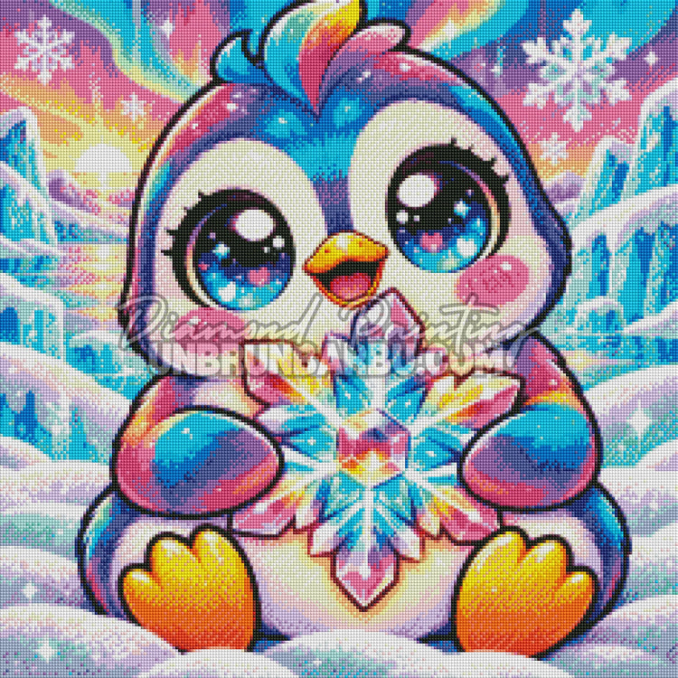 Rendu diamante du Pingouin au Flocon de Cristal 60x60 cm avec diamants Cristaux ronds ou carres