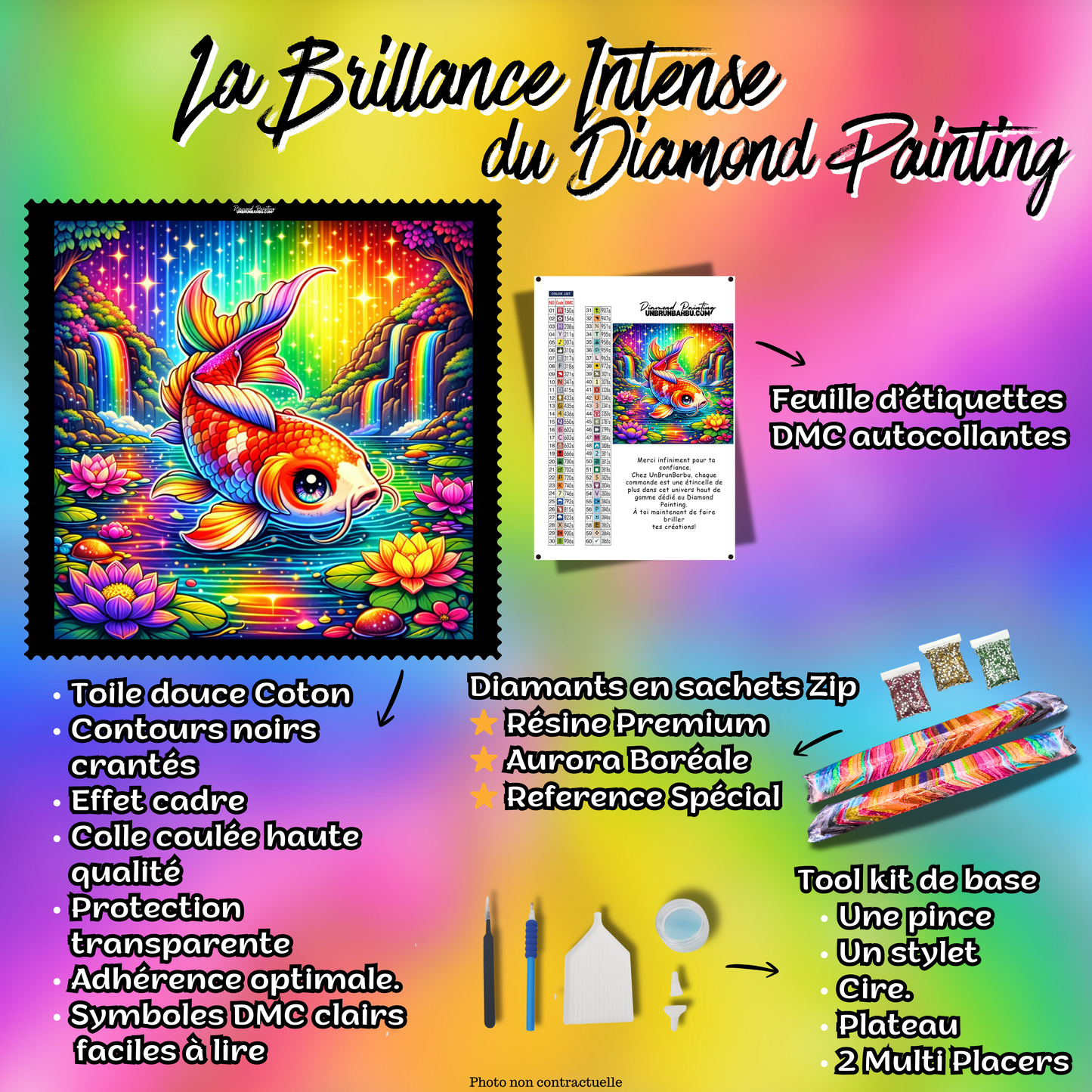 Kit complet du Diamond Painting Poisson Koi du Lac Arc-en-Ciel 80x80 cm avec accessoires