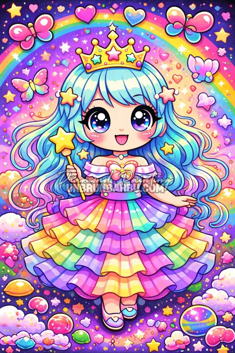illustration diamond painting princesse kawaii arc en ciel