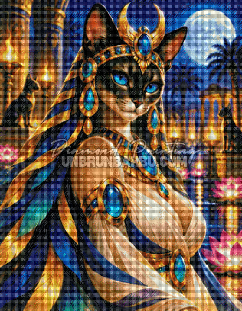 Rendu diamante du Diamond Painting Reine Feline d Egypte 70x90 cm avec lotus et pleine lune