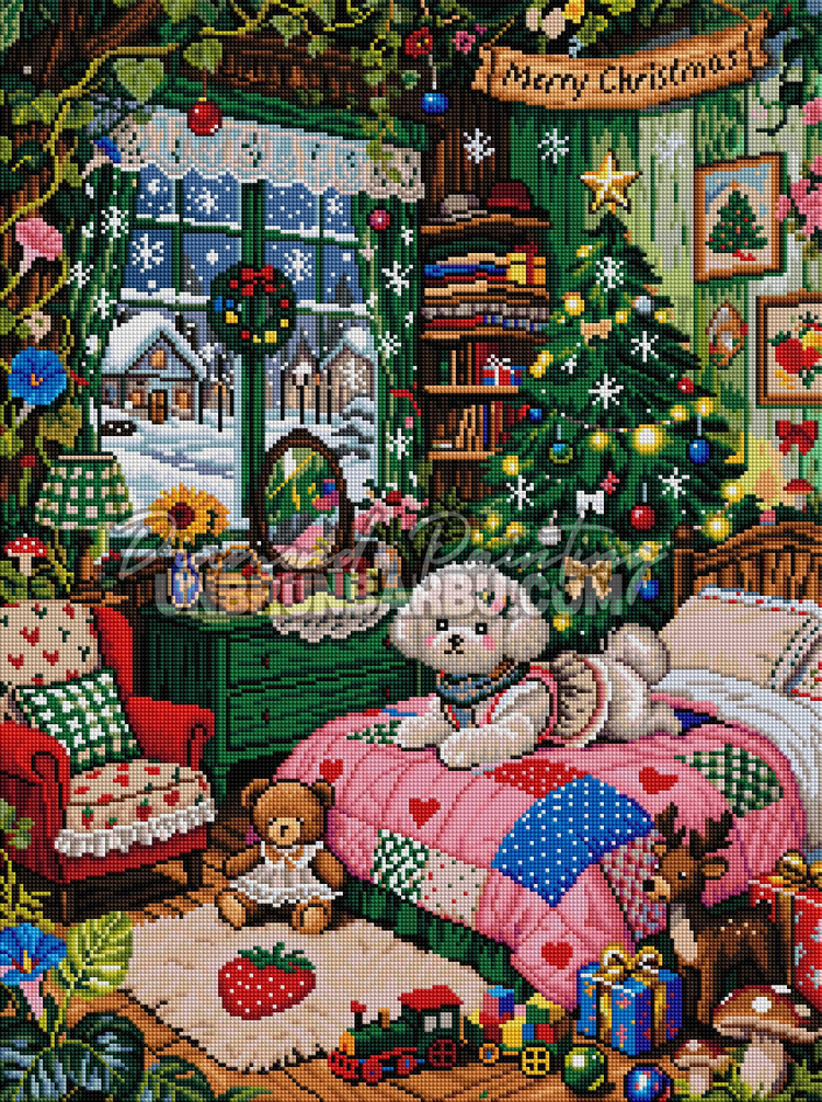 Rendu diamante du Reveil de Noel du Petit Chien 52x70 cm avec sapin lumineux, cadeaux et neige