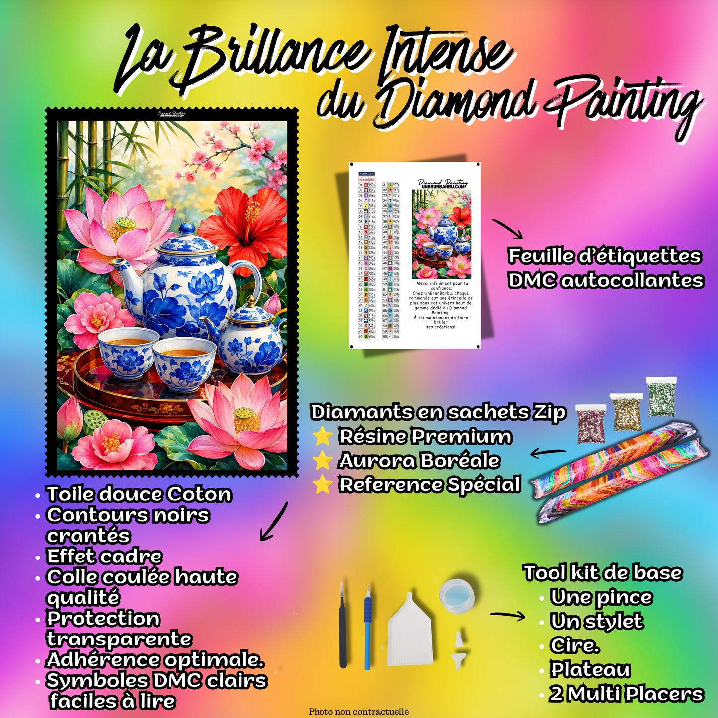 Kit premium Diamond Painting Rituel du Thé Lotus et Porcelaine avec toile coton, diamants en sachets zip, étiquettes DMC et accessoires