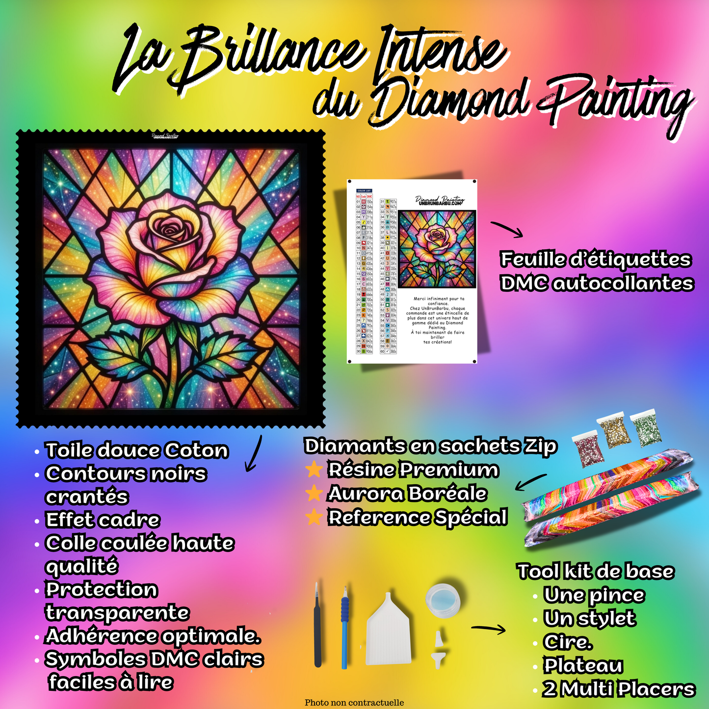 Kit complet du Diamond Painting Rose du Vitrail Magique 60x60 cm avec accessoires