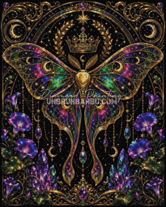 Layout Diamond Painting Royaume des Papillons 80x100 cm avec aperçu diamanté du papillon féerique, des cristaux et des ornements dorés