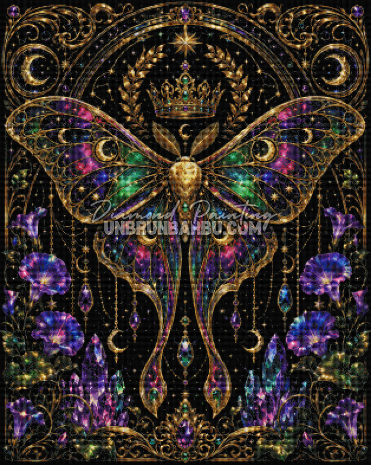Layout Diamond Painting Royaume des Papillons 80x100 cm avec aperçu diamanté du papillon féerique, des cristaux et des ornements dorés