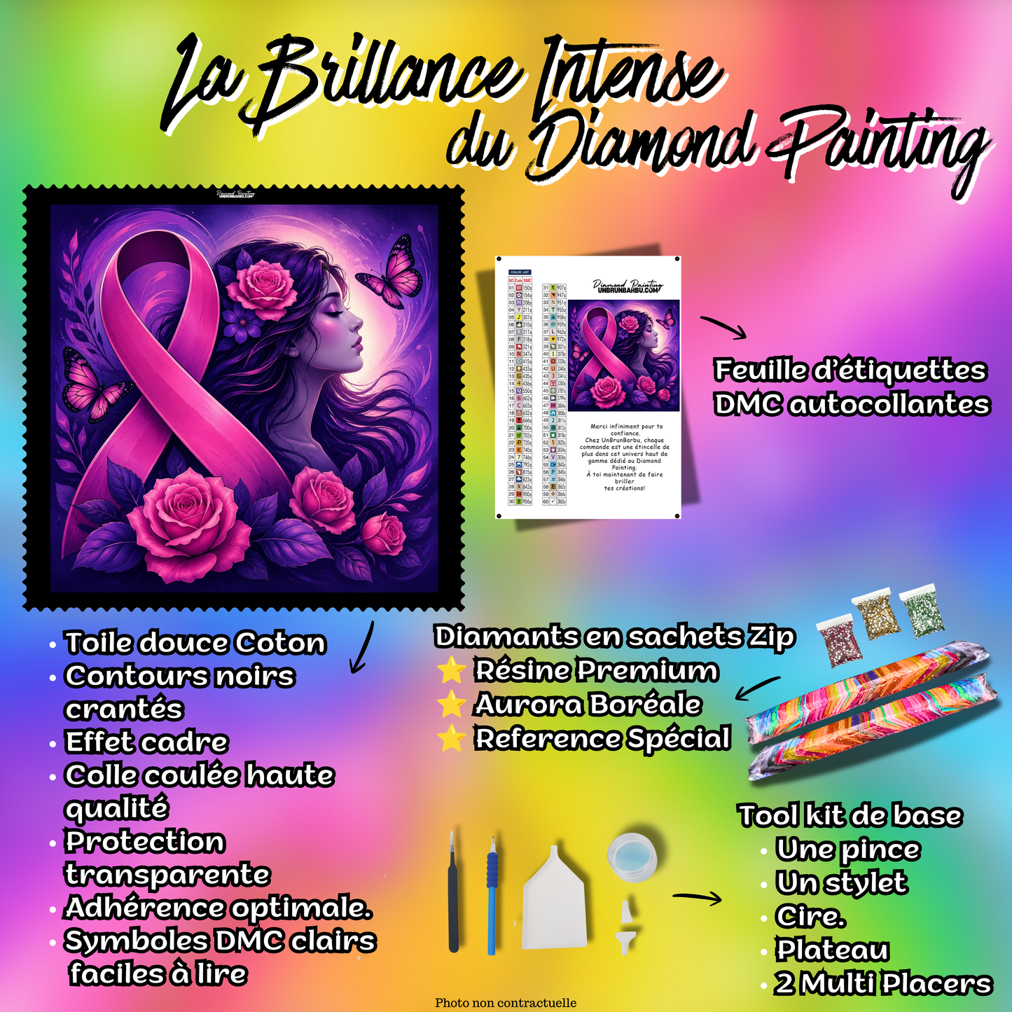 Kit premium Diamond Painting Ruban pour la Vie avec toile coton, diamants en sachets zip, étiquettes DMC et accessoires
