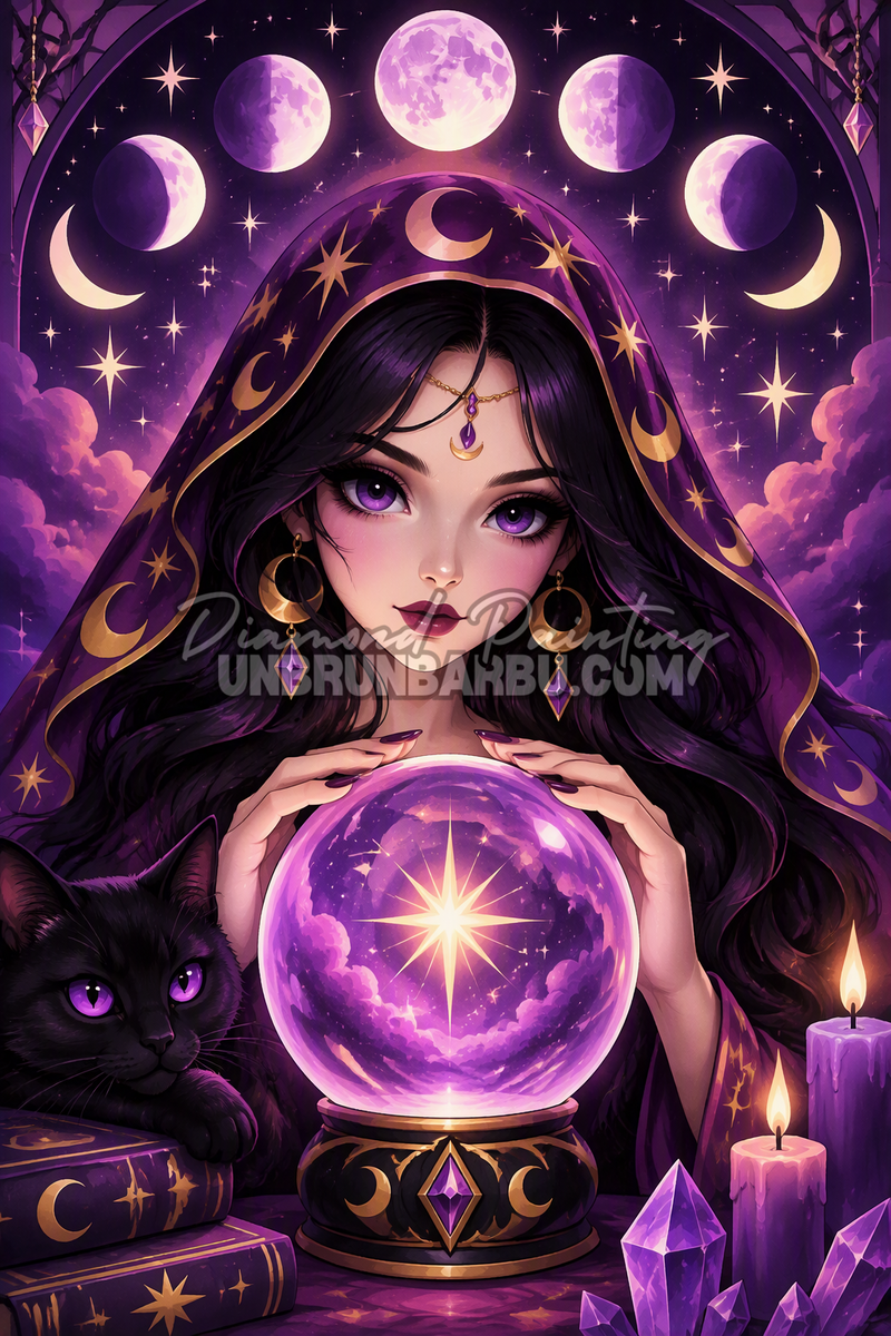 Diamond Painting Sorcière aux Lunes d’Améthyste 60x90 cm avec boule de cristal, chat noir et cycles lunaires