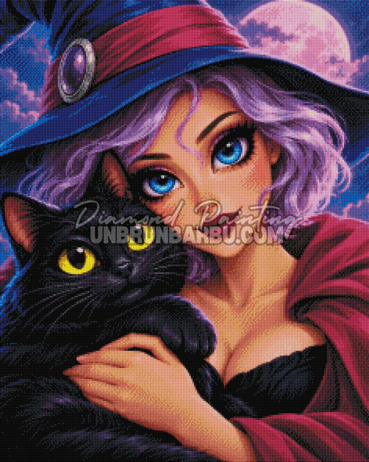 Aperçu du rendu diamanté de la toile Sorcière Complice du Chat Noir 60x75 cm