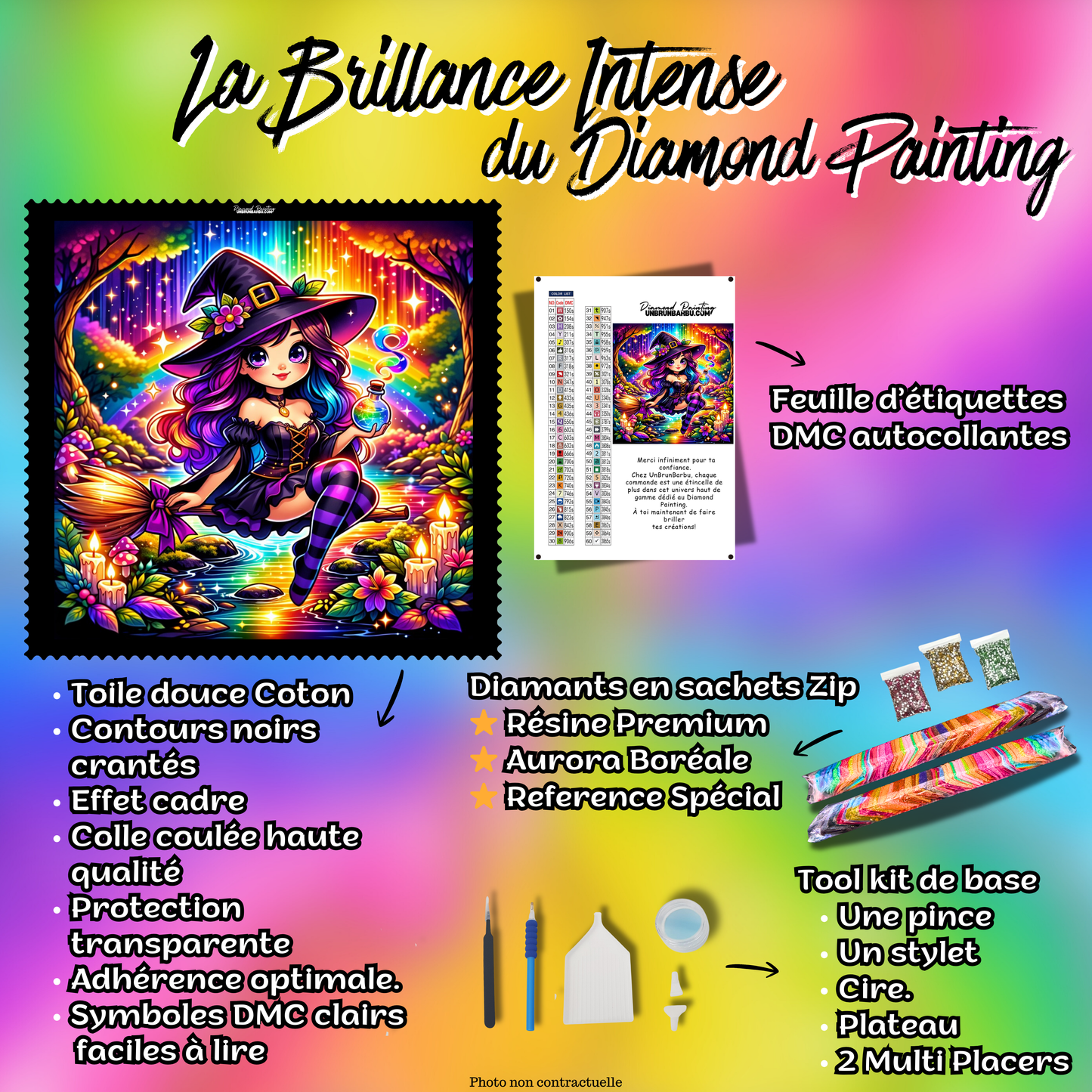 Kit complet du Diamond Painting Sorcière des Potions Arc-en-Ciel avec accessoires