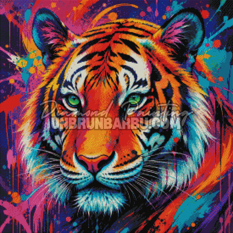 Rendu diamanté du Diamond Painting Tigre aux Couleurs Explosives 70x70 cm avec rayures et couleurs néon