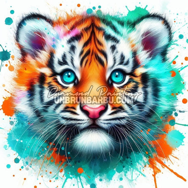 illustration diamond painting tigre bebe splash couleurs yeux bleus
