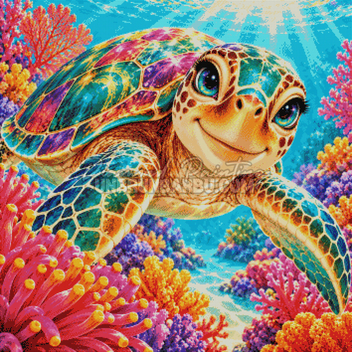 Rendu diamante du Diamond Painting Tortue du Recif Precieux 90x90 cm avec tortue marine et recif tropical