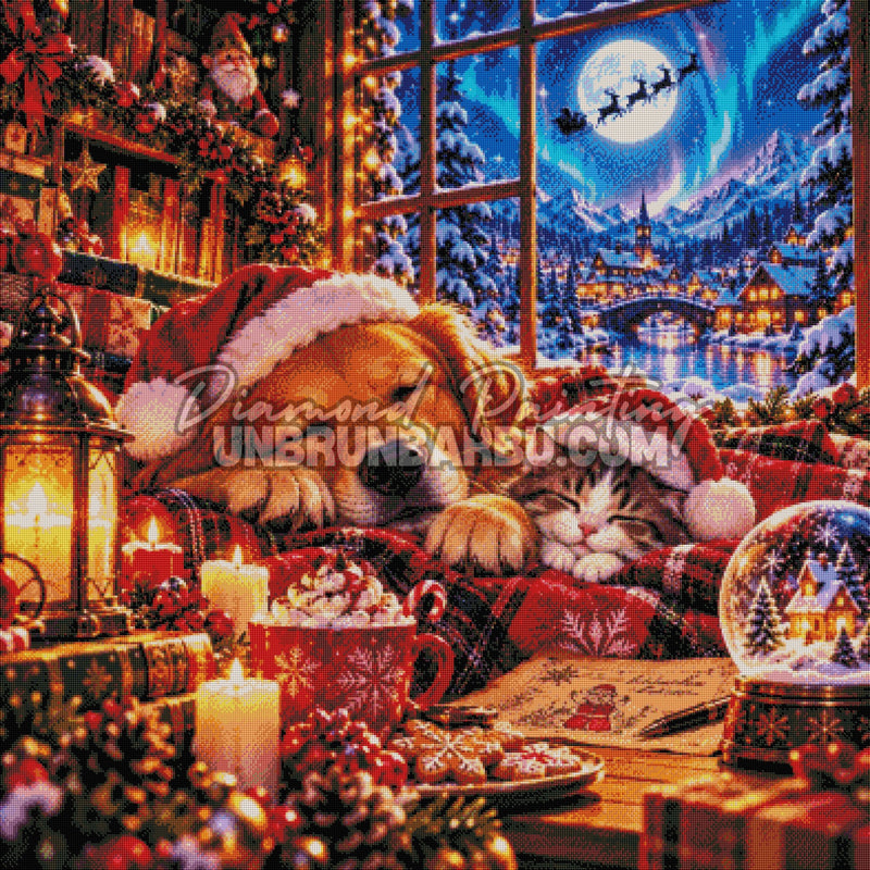 Rendu diamanté du Diamond Painting Un Noël Tout Doux 100x100 cm avec chien, chat et village enneigé