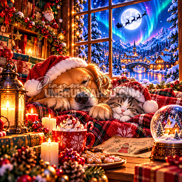 Diamond Painting Un Noël Tout Doux 100x100 cm avec chien et chat endormis dans un décor de Noël