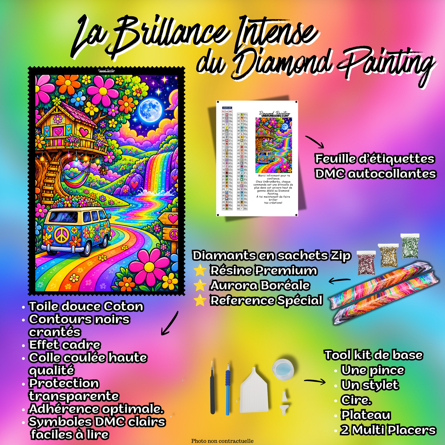 Kit Premium Diamond Painting Van Escapade Hippie avec toile coton, diamants, accessoires et feuille DMC