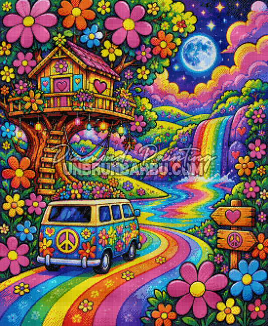 Layout Diamond Painting Van Escapade Hippie présentant le rendu complet des diamants sur la toile