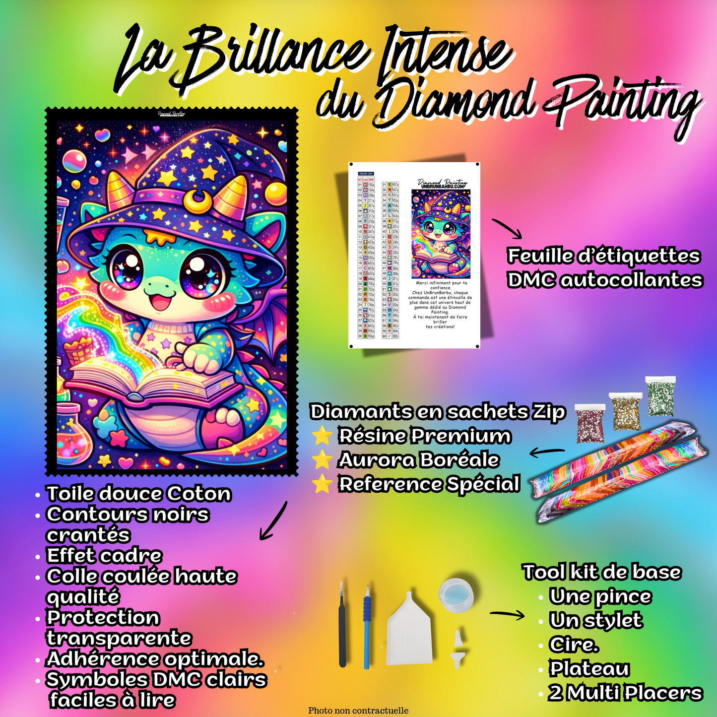 kit complet diamond painting dragon sorts arc en ciel 60x80