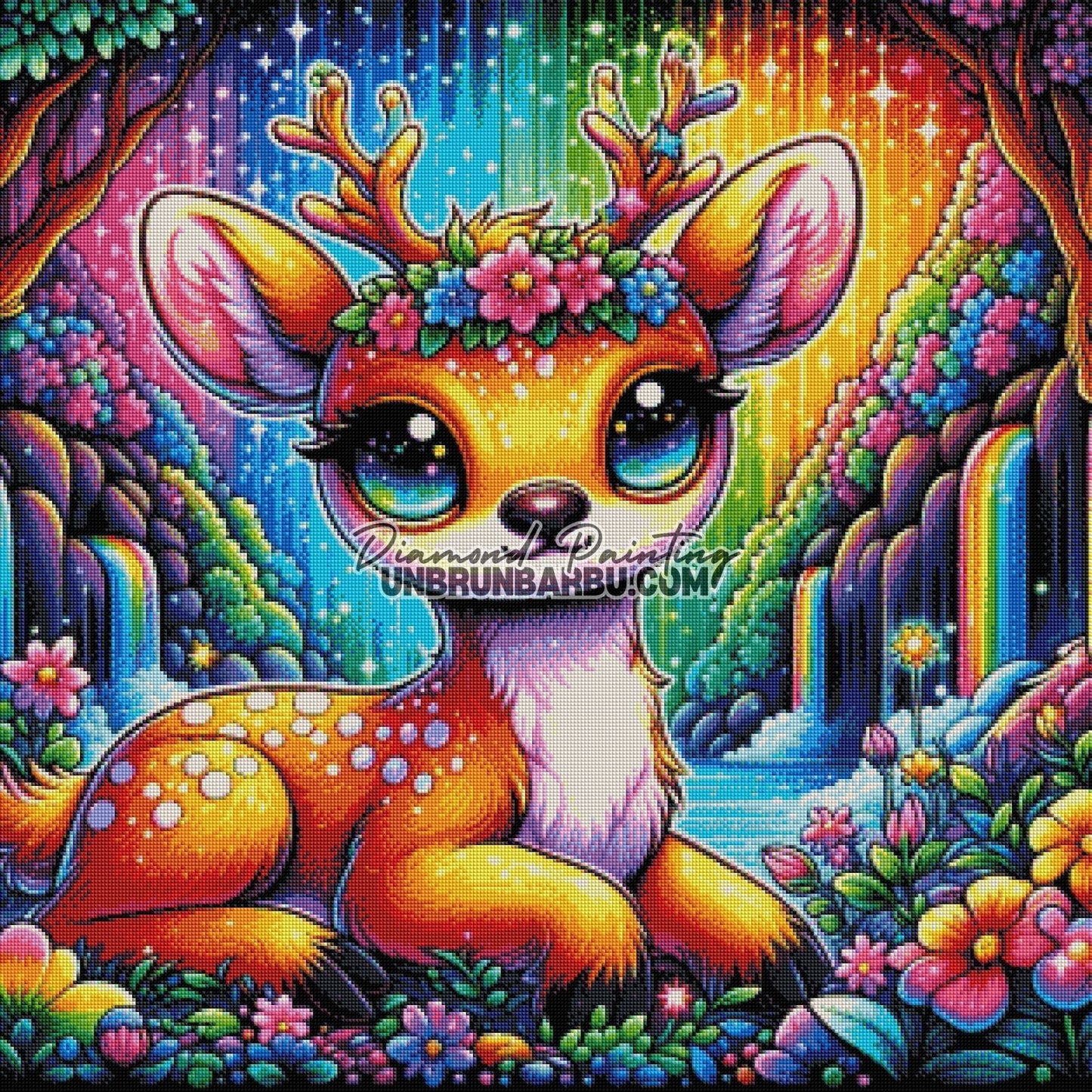 Faon Magique de la Cascade Arc - en - Ciel (80cm x 80cm) - UnBrunBarbu