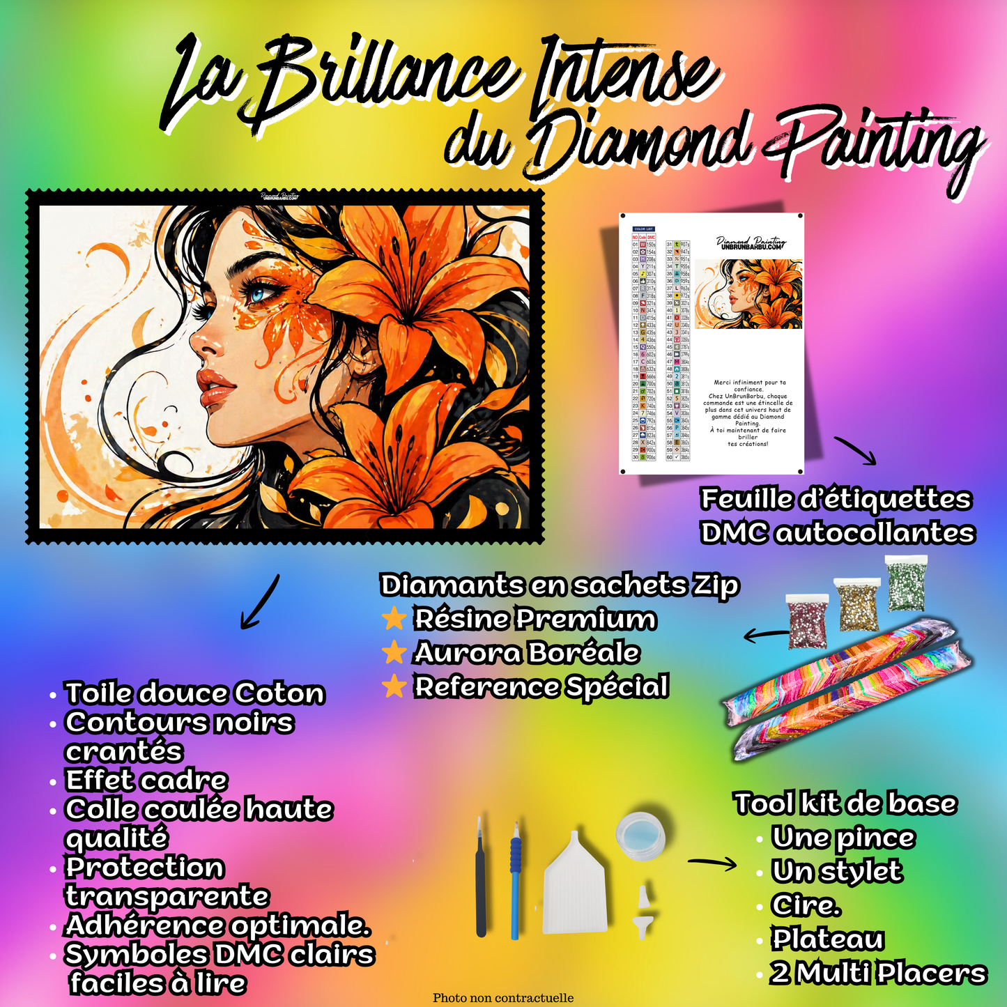 kit diamond painting femme florale lys orange 100x75 contenu complet