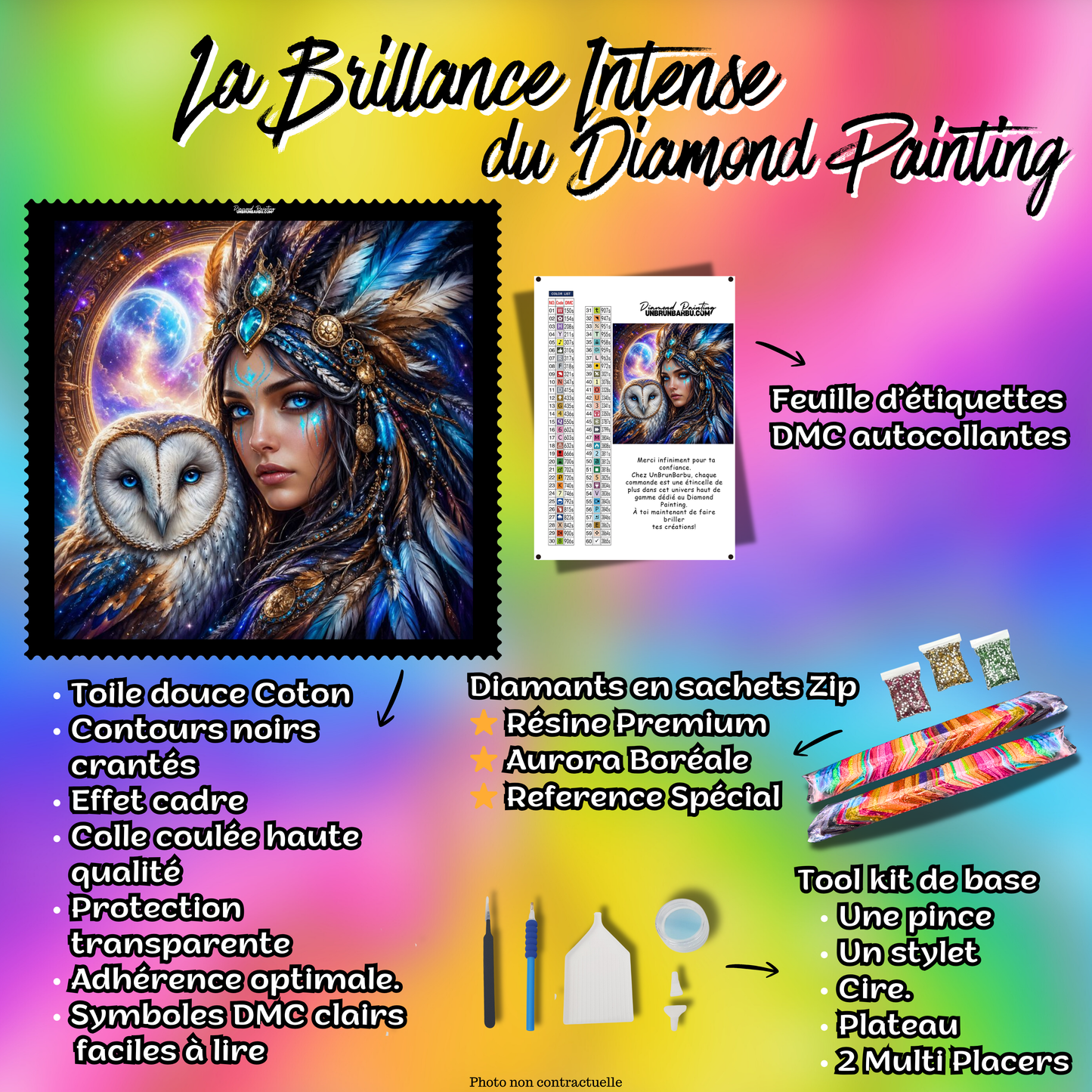 kit diamond painting femme chouette lumiere 100x100 contenu complet