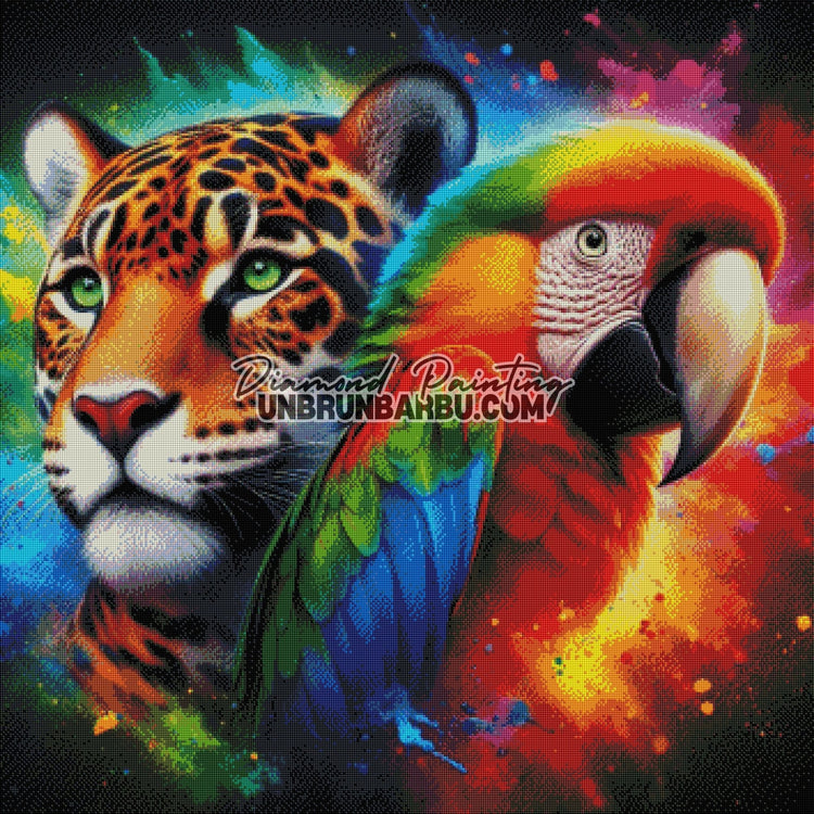 Fierté Sauvage – Le Jaguar et l’Ara (90cm x 90cm) - UnBrunBarbu