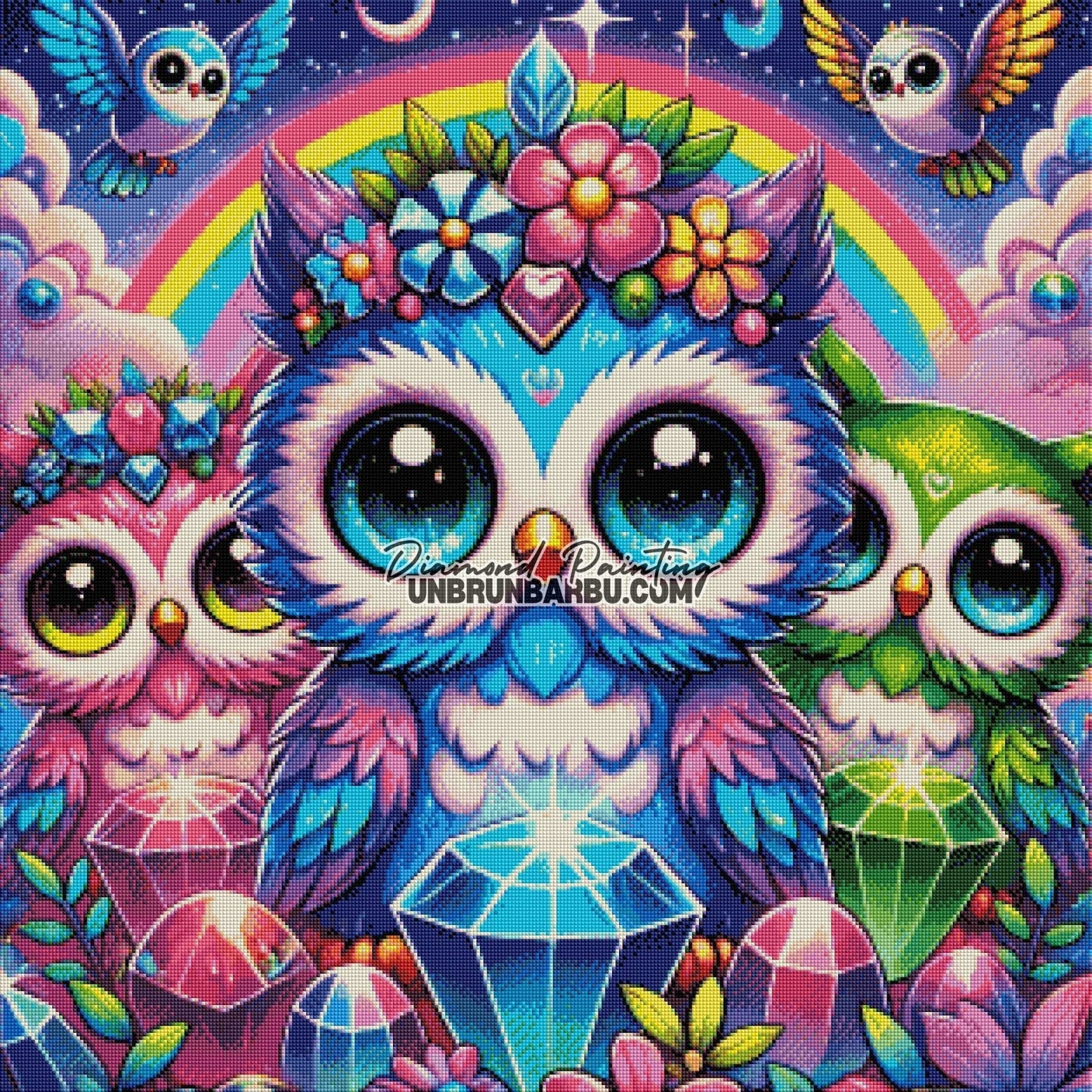 Hiboux Magiques et leurs Cristaux Enchantés (80cm x 80cm) - UnBrunBarbu