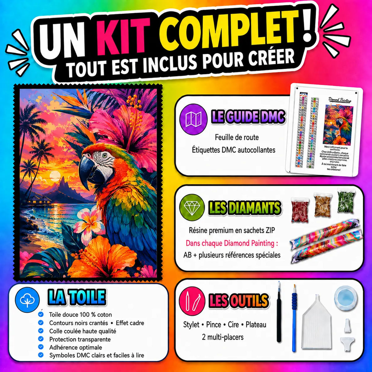 Kit Diamond Painting Ara Gardien du Lagon 80x120 cm avec toile coton, diamants résine, AB et accessoires