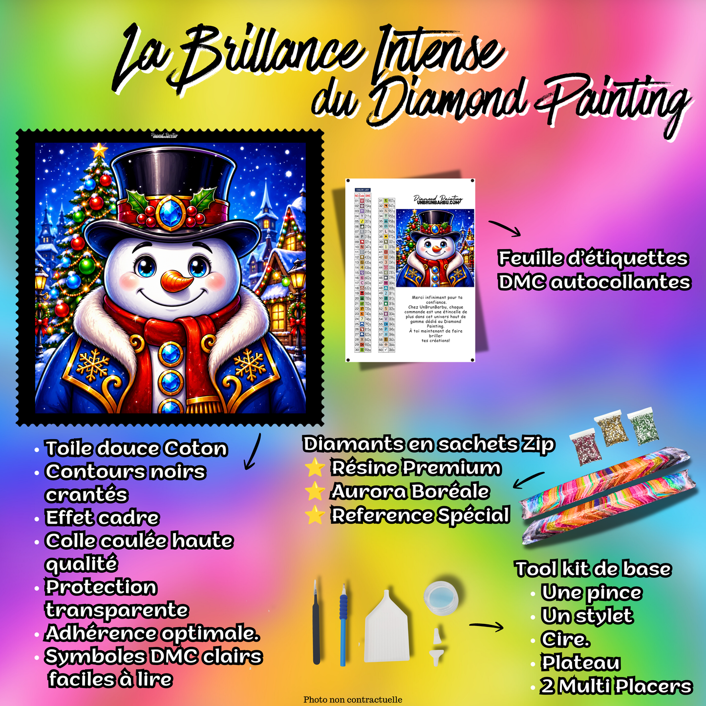 Kit Diamond Painting Bonhomme de Neige du Village de Noël 70x70 cm avec diamants résine, AB et accessoires