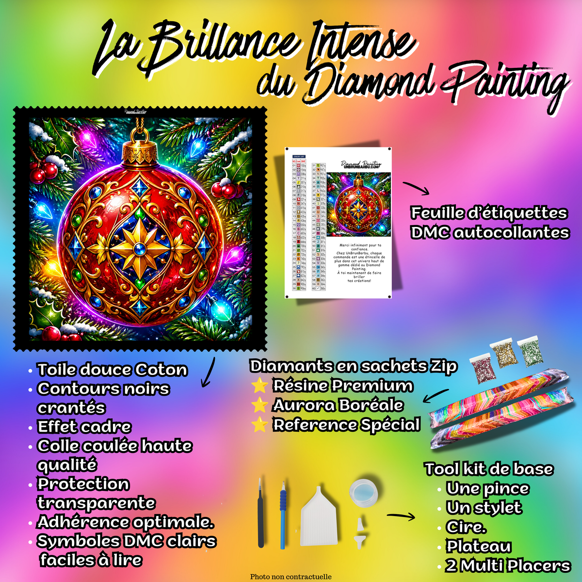 Kit complet Diamond Painting Boule de Noël Précieuse 80x80 cm avec toile coton, diamants résine, AB et accessoires