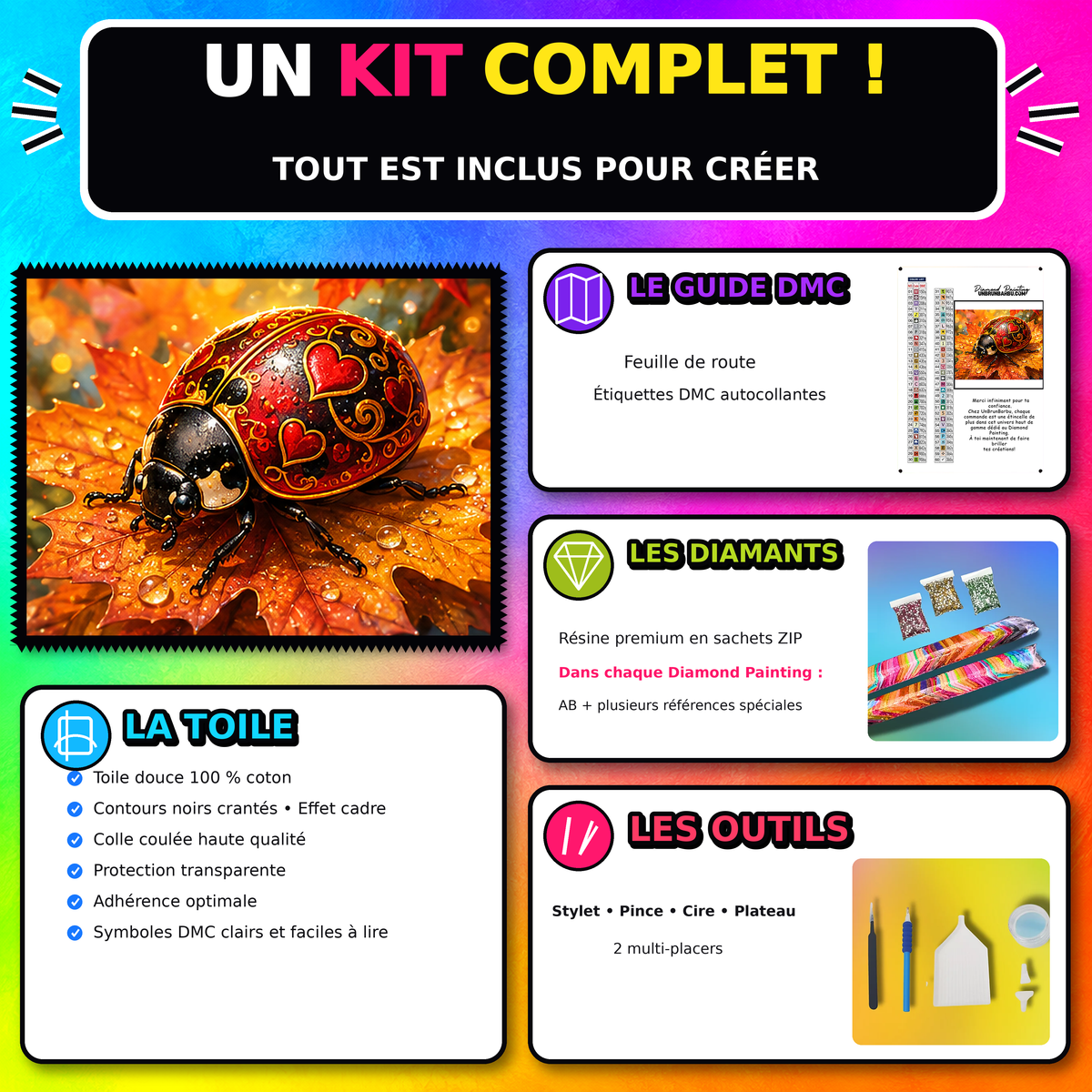 Kit Diamond Painting Coccinelle Eclats d Automne 90x70 cm avec toile coton, diamants resine, AB et accessoires