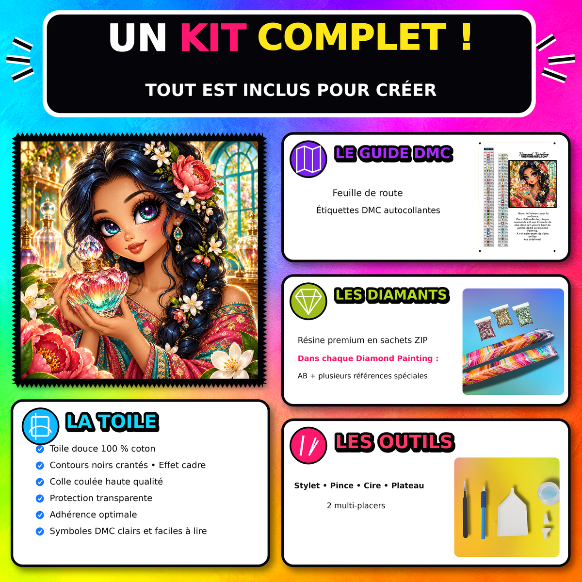 Kit Diamond Painting La Creatrice du Parfum Precieux 90x90 cm avec toile coton, diamants resine, AB et accessoires