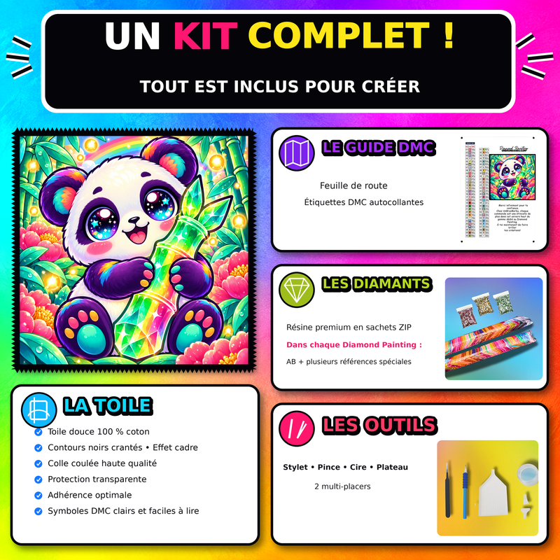 Kit Diamond Painting Panda Bambou de Cristal 60x60 cm avec toile coton et diamants 100 pourcent Cristaux