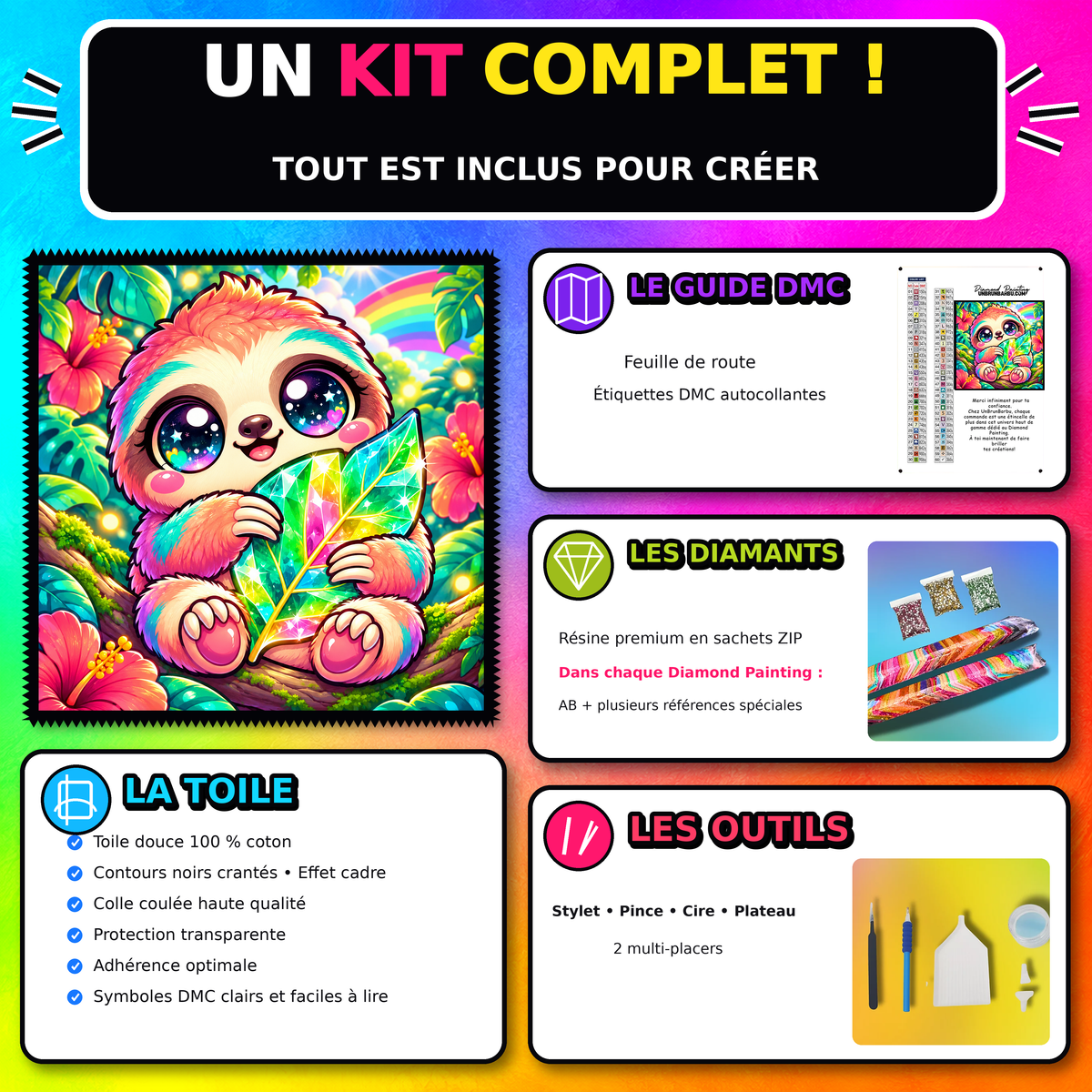 Kit Diamond Painting Paresseux a la Feuille de Cristal 60x60 cm avec toile coton et diamants 100 pourcent Cristaux
