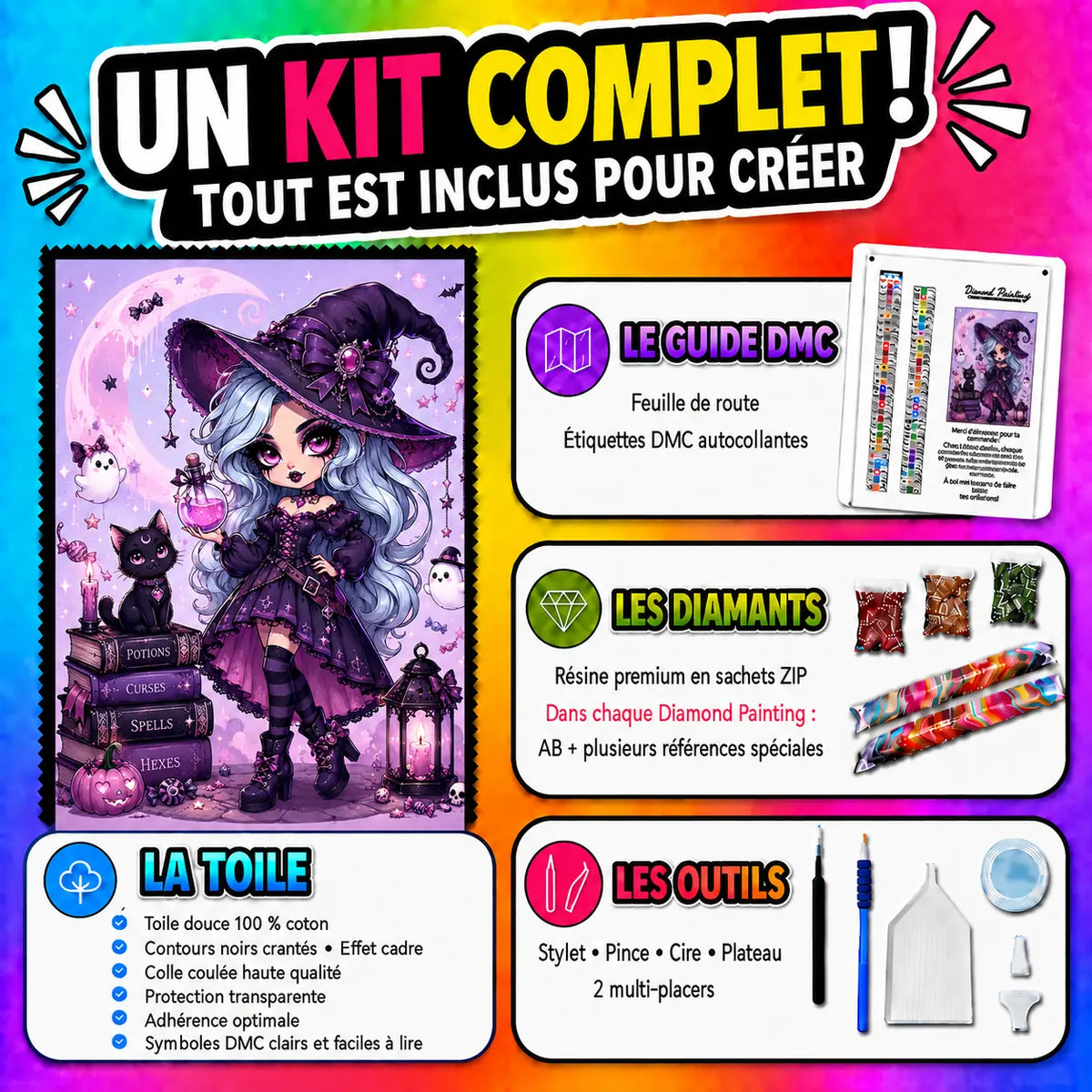 Kit Diamond Painting Petite Sorcière aux Potions 70x90 cm avec toile coton, diamants résine, AB et accessoires