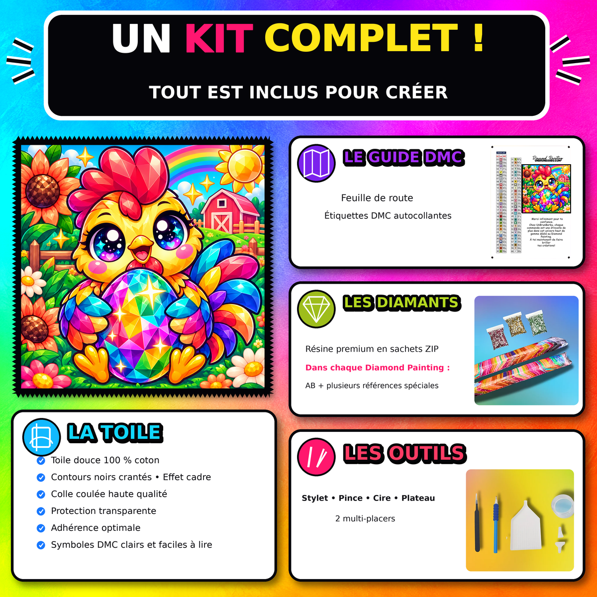 Kit Diamond Painting Poule a l'Oeuf de Cristal 60x60 cm 100% Cristaux avec toile coton et accessoires