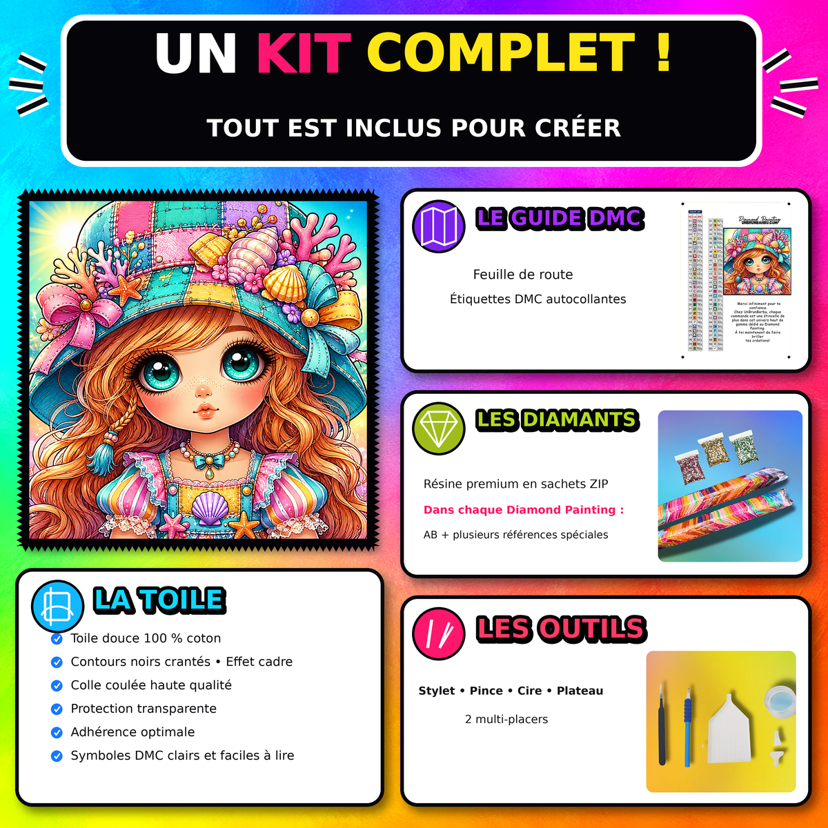 Kit Diamond Painting Poupee aux Coquillages 70x70 cm avec toile coton, diamants resine, AB et accessoires