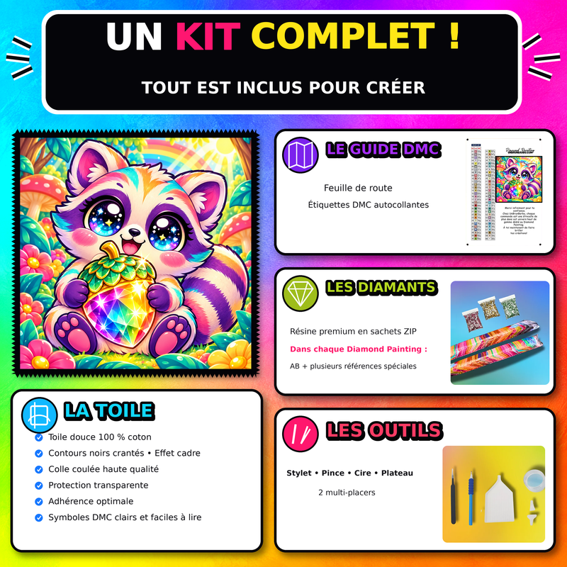 Kit Diamond Painting Raton Laveur au Gland de Cristal 60x60 cm avec toile coton et diamants 100 pourcent Cristaux