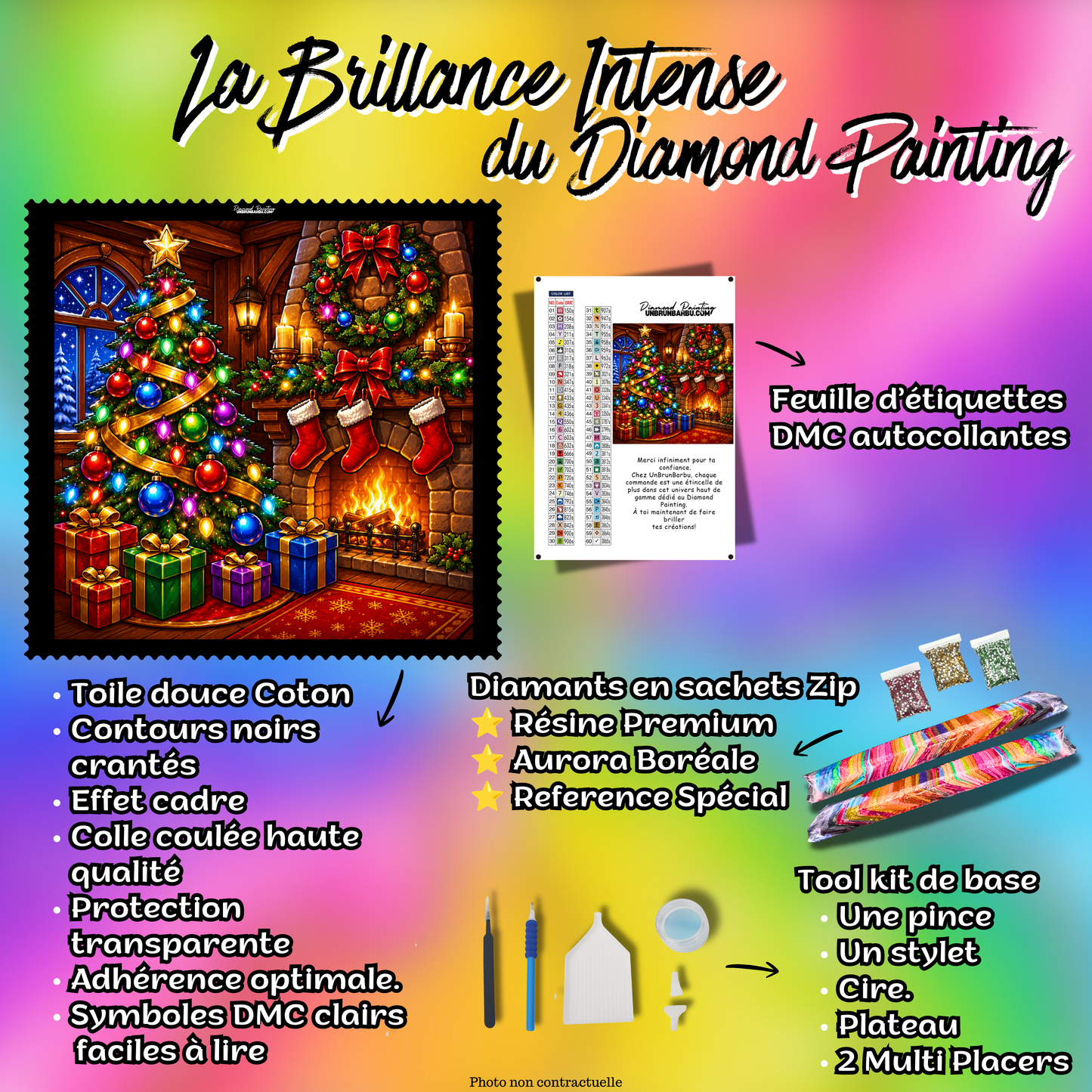 Kit complet Diamond Painting Le Réveillon au Coin du Feu 100x100 cm avec toile coton, diamants résine, AB et accessoires
