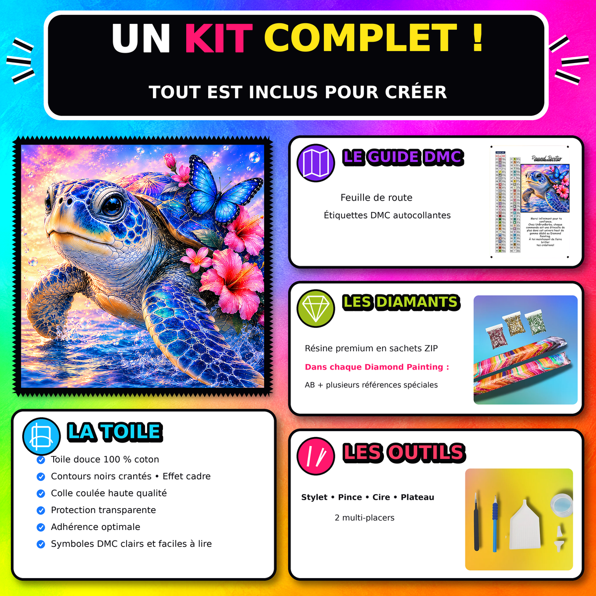 Kit Diamond Painting Tortue Tresor du Lagon 90x90 cm avec toile coton, diamants resine, AB et accessoires