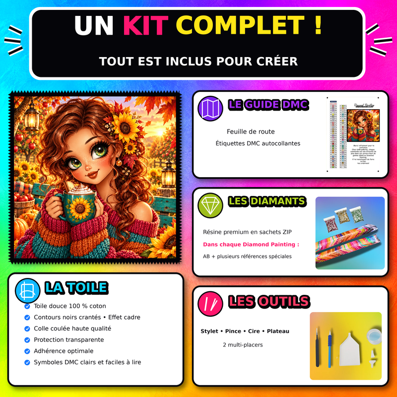 Kit Diamond Painting Un Moment Cocooning d Automne 90x90 cm avec toile coton, diamants resine, AB et accessoires